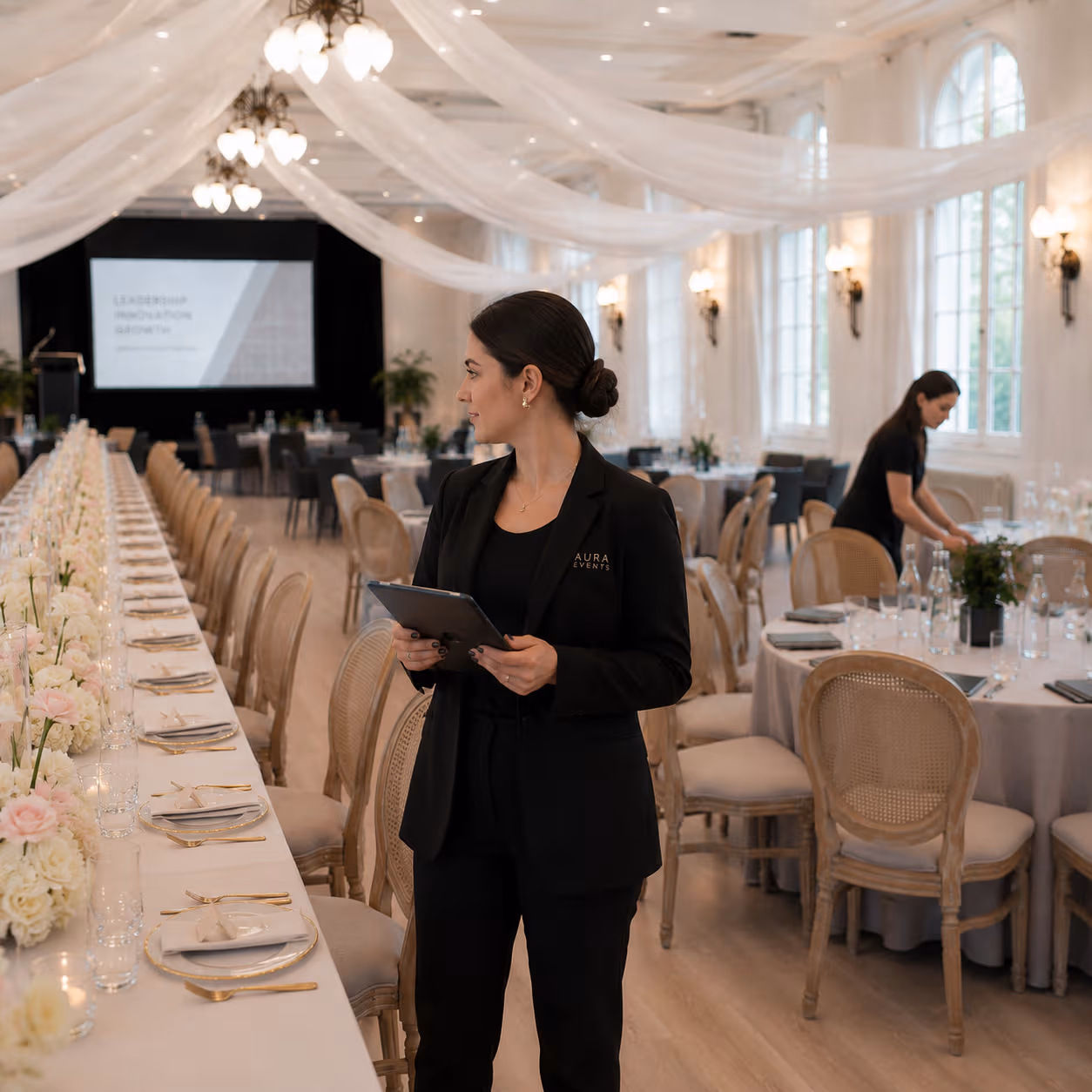 Aura Events Eventkoordinatorin bei der Vorbereitung einer festlich eingedeckten Veranstaltungslocation
