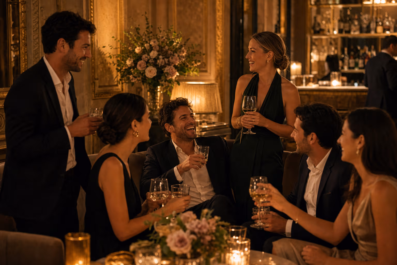 Private Dinner-Tafel mit Gästen, Drinks und warmer Abendstimmung