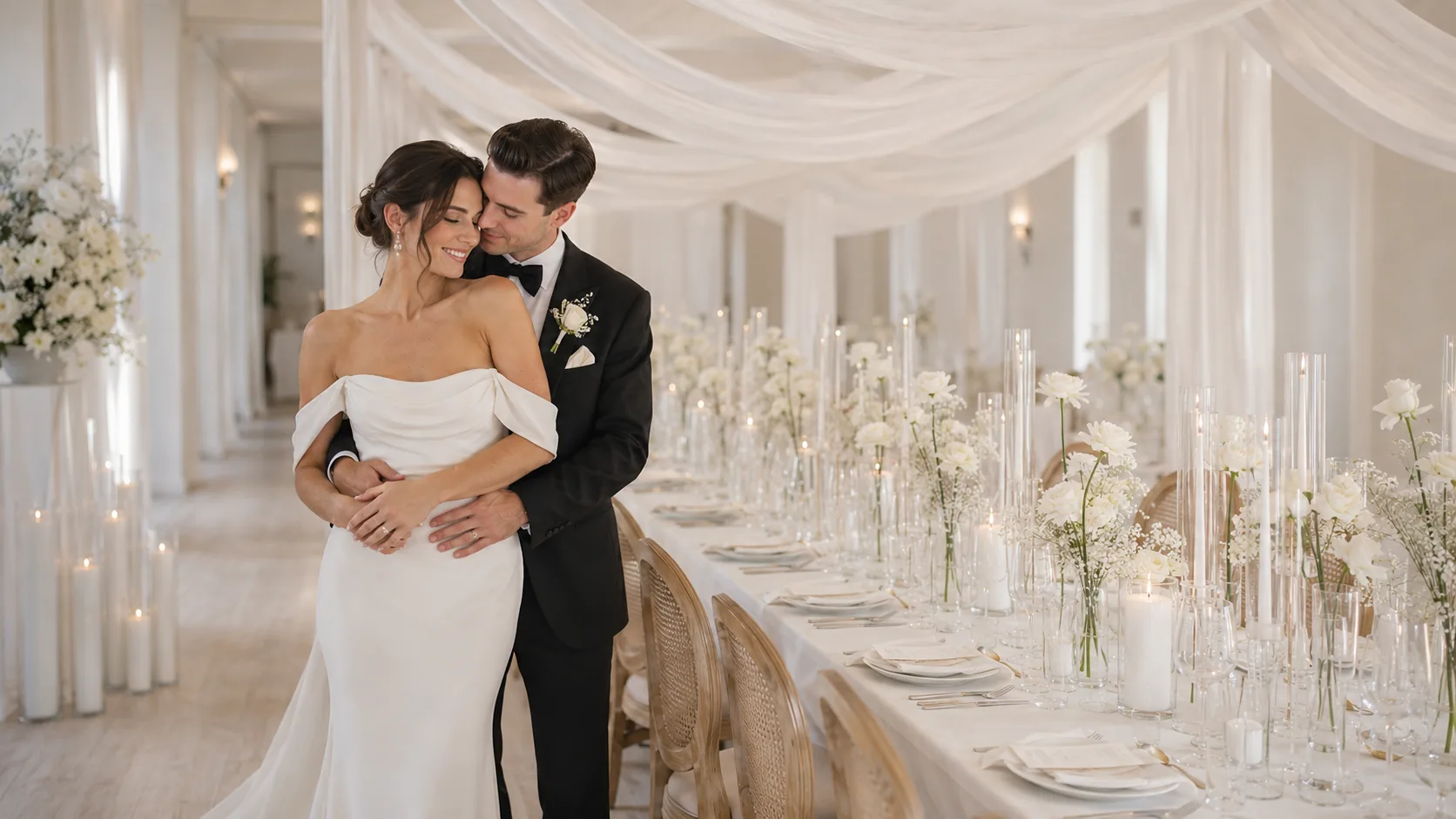 Elegante Hochzeitstafel mit Kerzen, Blumen, Gläsern und warmem Licht